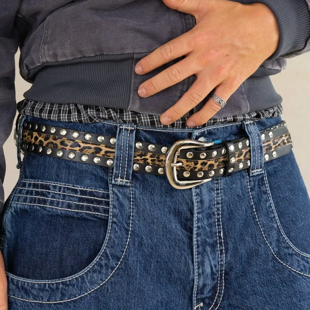 Vintage Leopard Studded Leather Belt Silver Buckle Y2K Punk Grunge Unisex